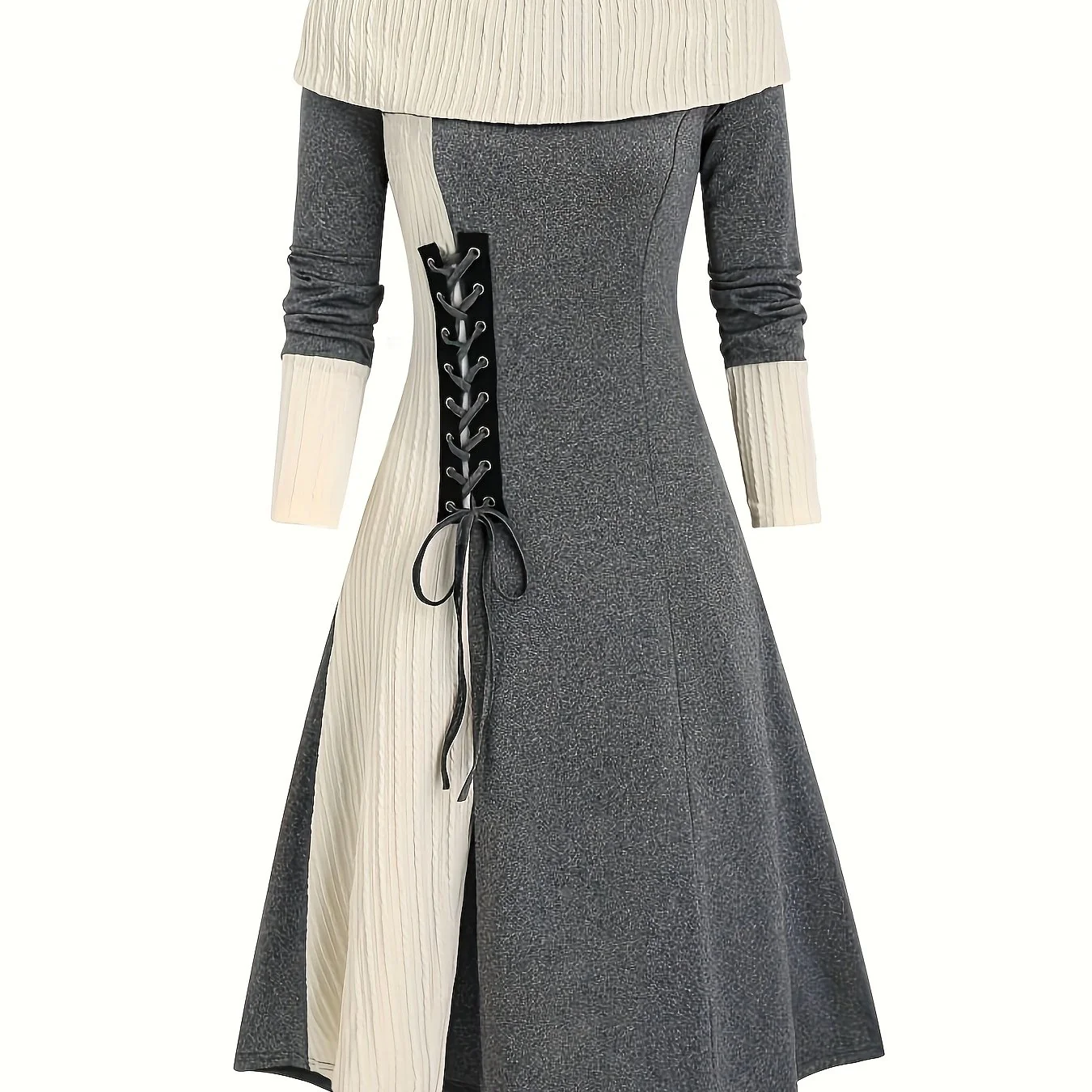 Color Block Lace Up Dress, Casual Long Sleeve Boat Neck Knit Dress For Fall & Winter, Women's Clothing - Deanwangkt