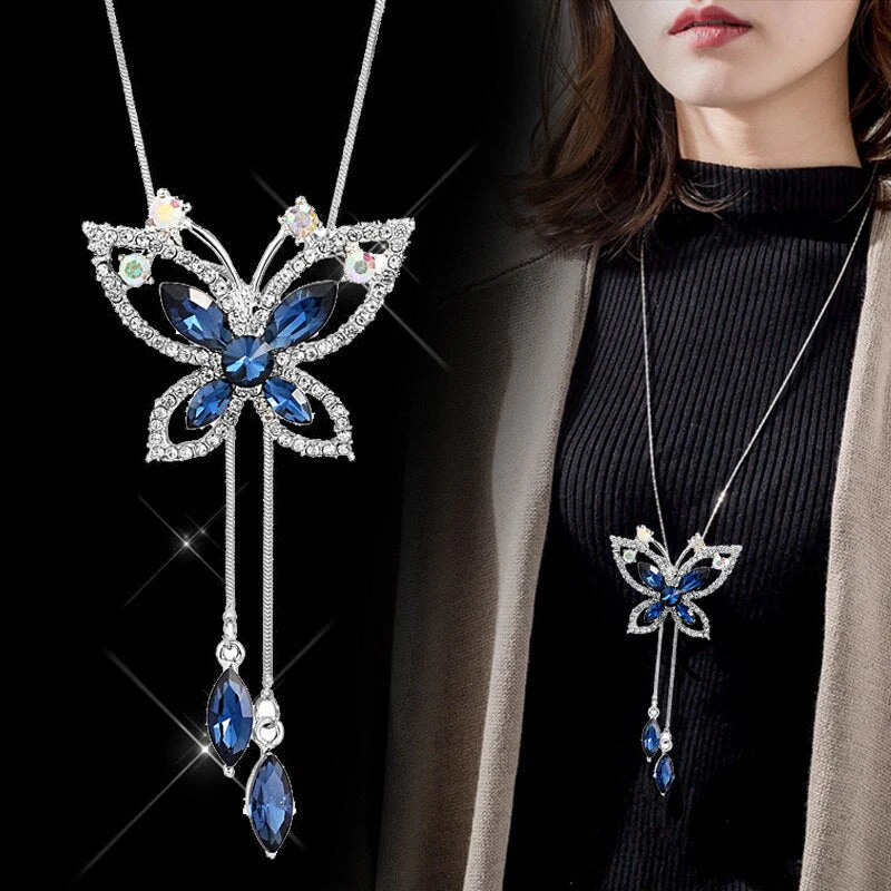 DEANWANGKT Fashion Long Chain Sweater Necklaces & Pendants for Women Blue Opal Rhinestone Flower Pendant Necklace Female Jewelry - Deanwangkt