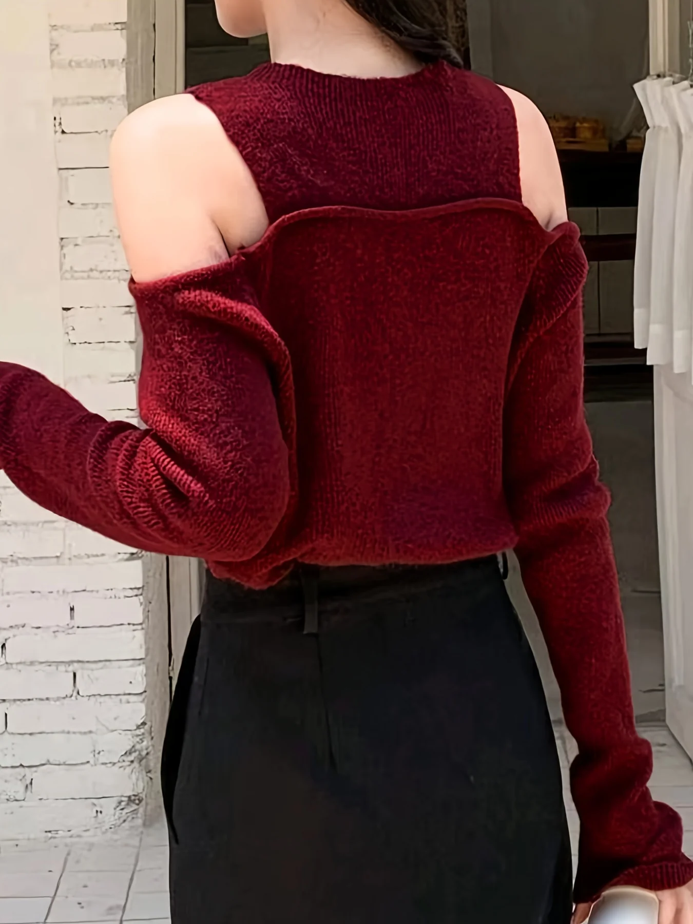 deanwangkt Cold Shoulder Solid Knit Sweater, Elegant Crew Neck Long Sleeve Sweater, Women's Clothing - Deanwangkt