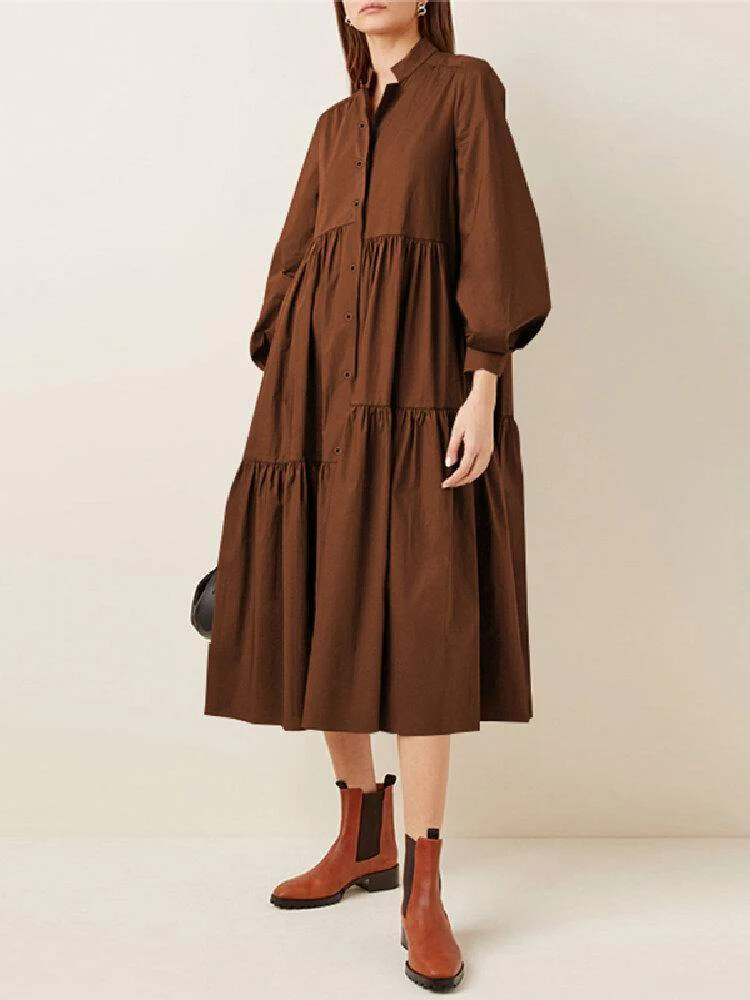 deanwangkt Women Stylish Irregular Layered Stand Collar Puff Sleeve Solid Color Midi Dress - Deanwangkt