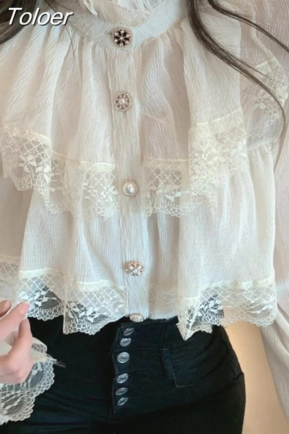 deanwangkt Korean White Blouse Women Blusas Stand Neck Chiffon Shirts Long Sleeve Ruffles Lace Blouses Vintage Elegant Femme Tops - Deanwangkt