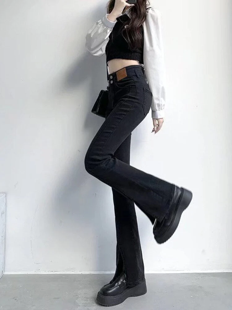 deanwangkt Split Jeans Women's Spring And Autumn New High-waisted Slim Fit Slim Wide-legged Micro-trumpet Mopping Pants Trendy Ins - Deanwangkt