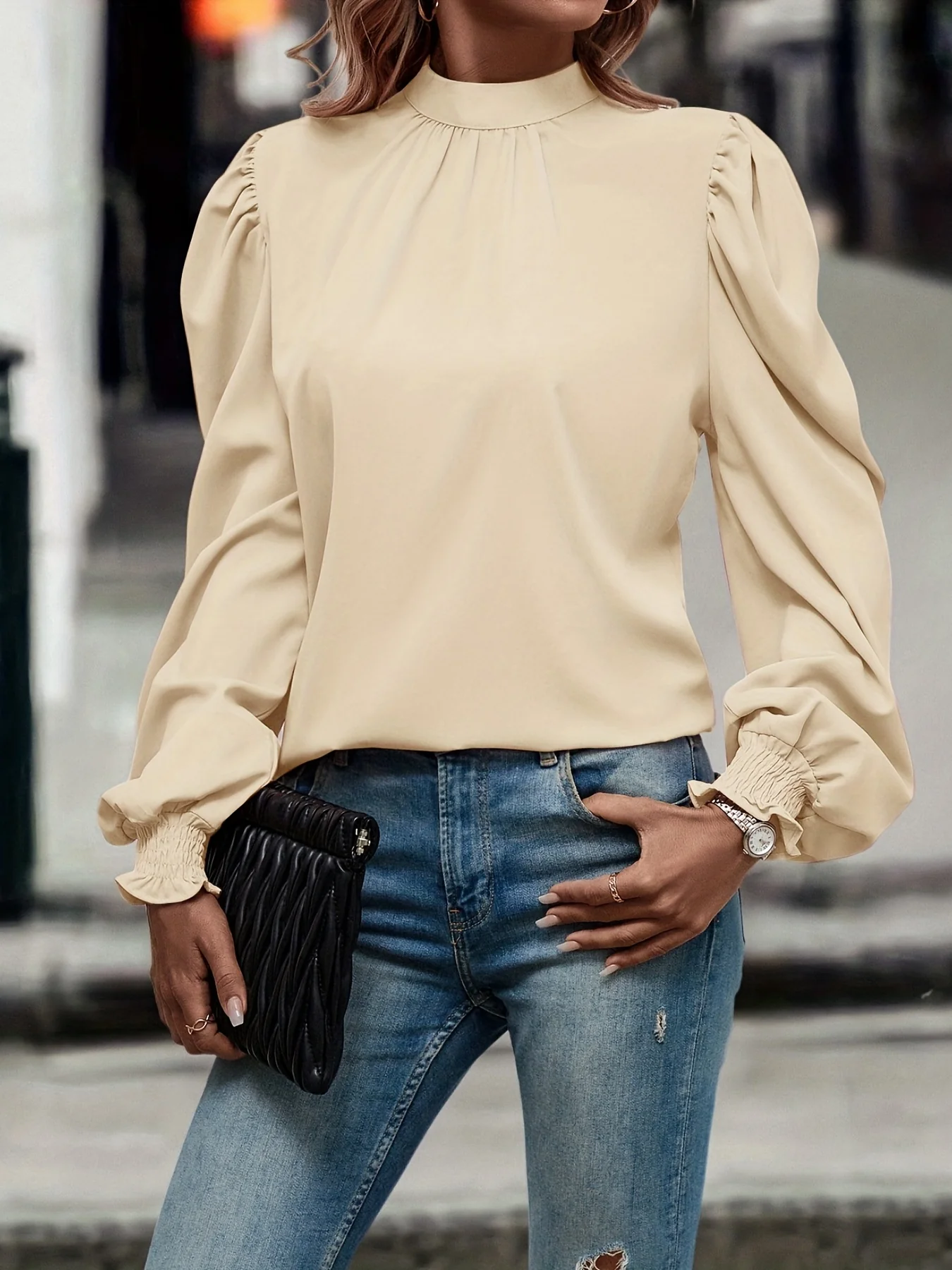 Mock Neck Puff Sleeve Blouse, Casual Solid Blouse For Spring & Fall, Women's Clothing - Deanwangkt