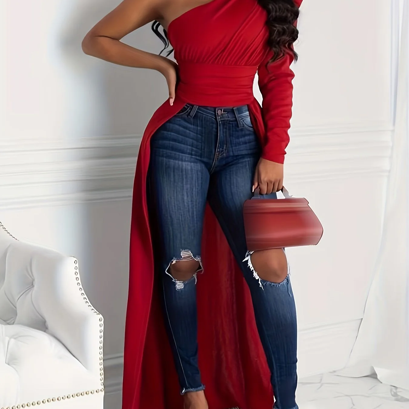 deanwangkt-1 One Shoulder High Low Hem Top, Sexy Asymmetrical Neck Top, Women's Clothing - Deanwangkt