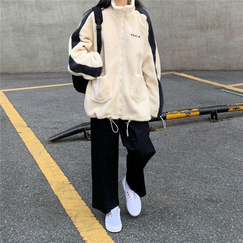 deanwangkt Oversize Women Hoodie Korean Fashion Autumn Winter Warm Harajuku Lamb Wool Zipper Hoodies Casual Thick Sweatshirt Loose - Deanwangkt