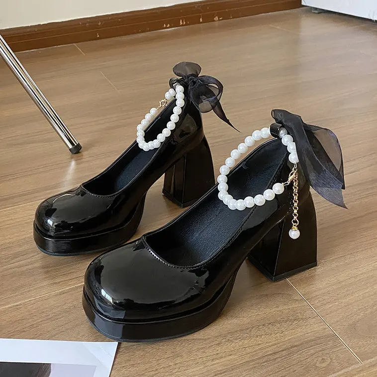 deanwangkt New Pearls Strap Square Heels Pumps Women Shoes Fashion Pu Leather Platform Mary Janes Woman High Heels Party Wedding Shoes - Deanwangkt