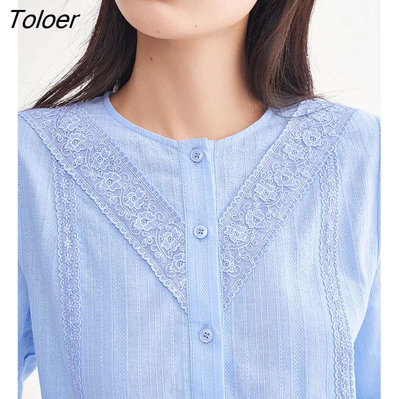 deanwangkt Women Shirts  Spring Bishop Sleeve O Neck Loose Blouse Lace Embroidery White Blue Elegant Chic Tops - Deanwangkt