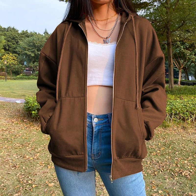 deanwangkt Brown Zip Up Hooded Sweatshirts Women Vintage Pockets Oversized Jacket Coat Autumn Female Y2K Aesthetic Long Sleeve Hoodie - Deanwangkt