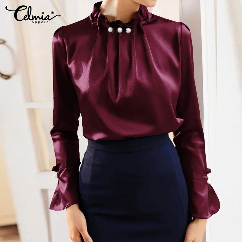 Women Satin Blouses Elegant Long Sleeve Silk Tops  Pearl Stand Collar Female Office Shirts Solid Casual Party Blusas - Deanwangkt
