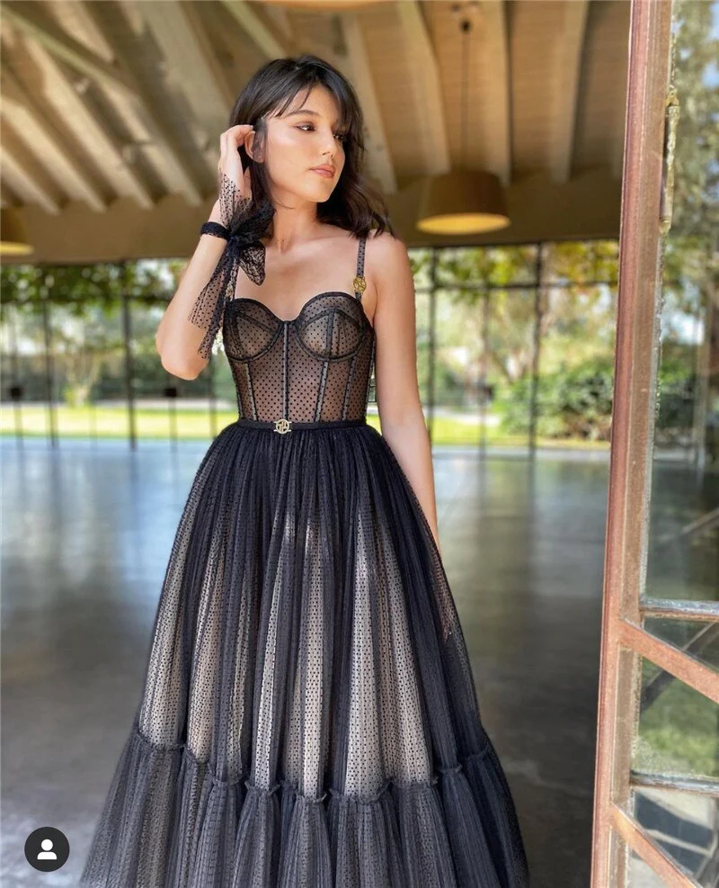 Verngo Modern Black A Line Short Prom Dresses Spaghetti Straps Dotted Tulle Corset Evening Gowns Tea Length Formal Party Dress - Deanwangkt