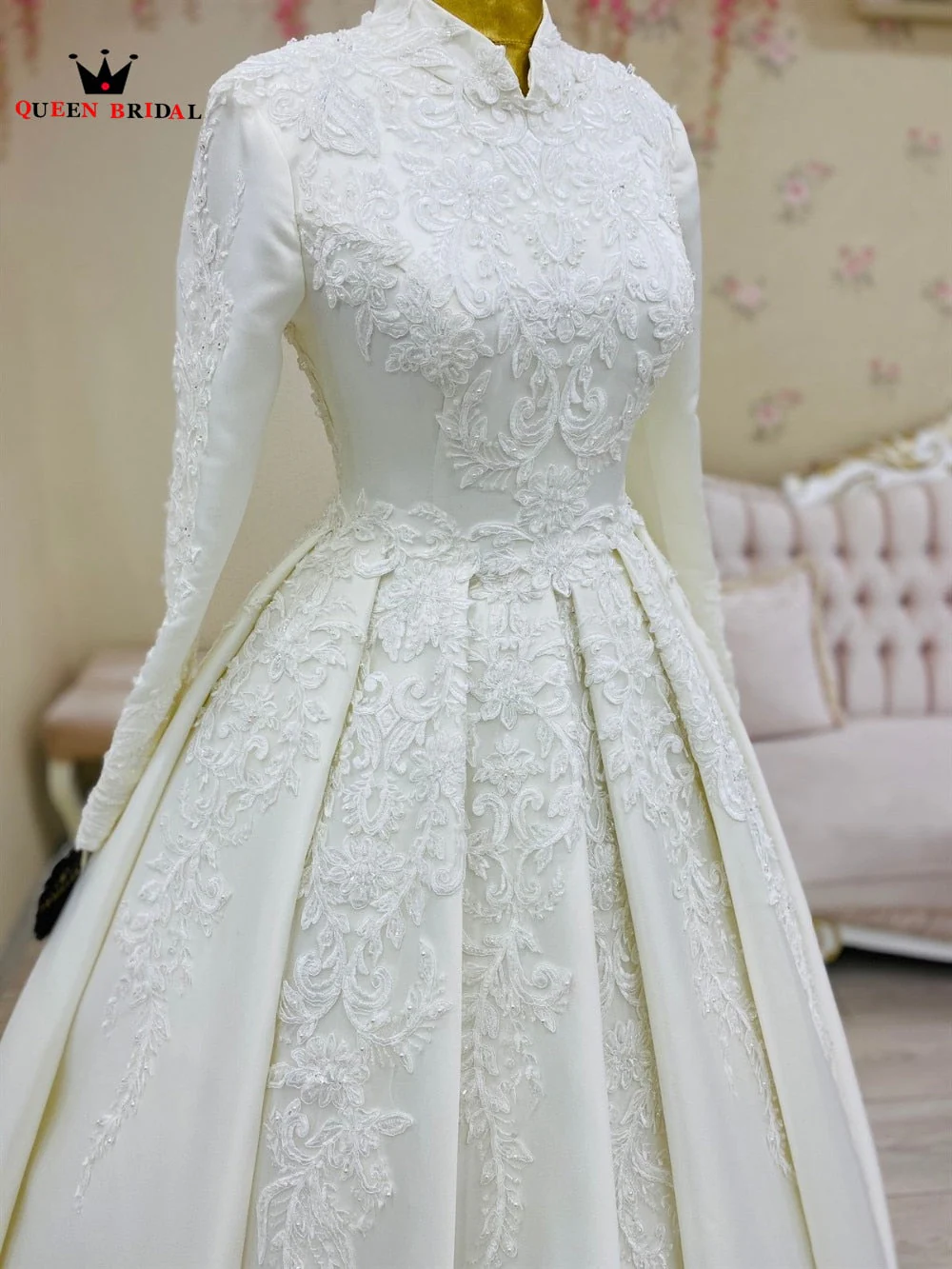 Muslim Wedding Dresses Real Photos Ball Gown High Neck Long Sleeve Satin Tulle Lace  Formal Luxury Bride Dress Custom Made DE18 - Deanwangkt