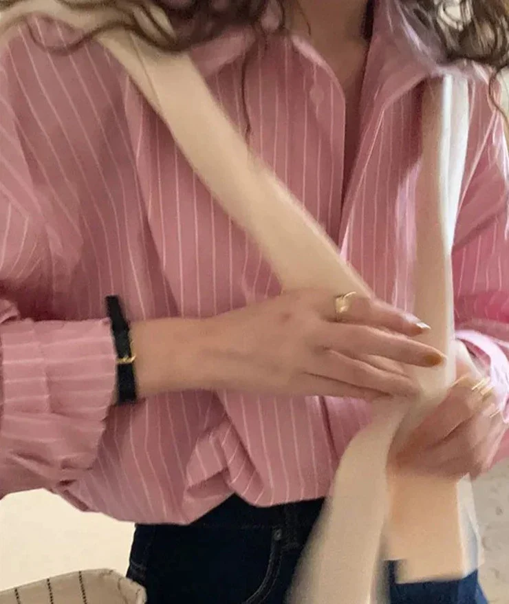 deanwangkt Pink Striped Shirts for Women Spring Summer Korean Loose Turn Down Collar Long Sleeve Tops Casual Harajuku Blouses - Deanwangkt