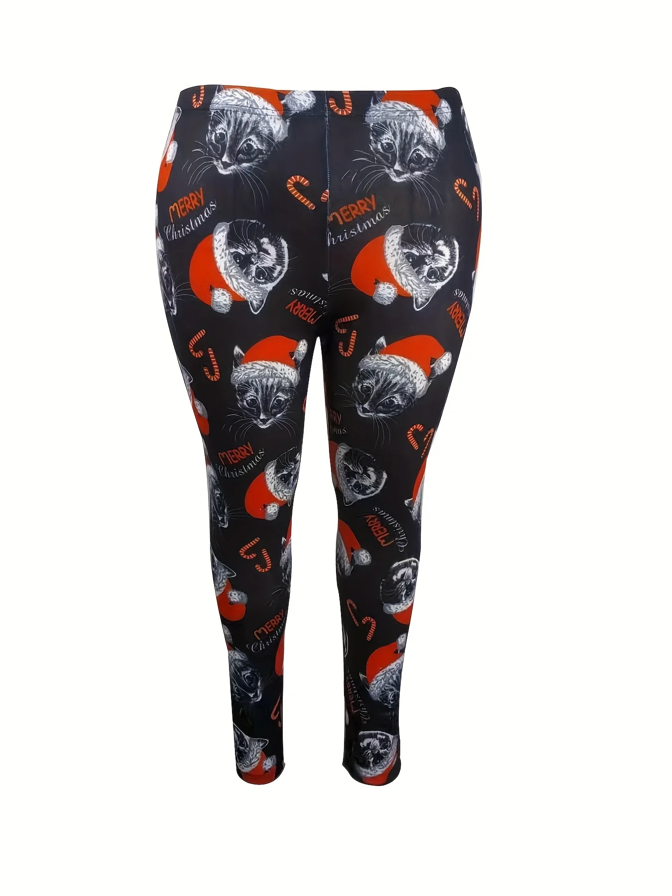 Plus Size Christmas Pants, Women's Plus Allover Print High Rise Medium Stretch Skinny Trousers - Deanwangkt
