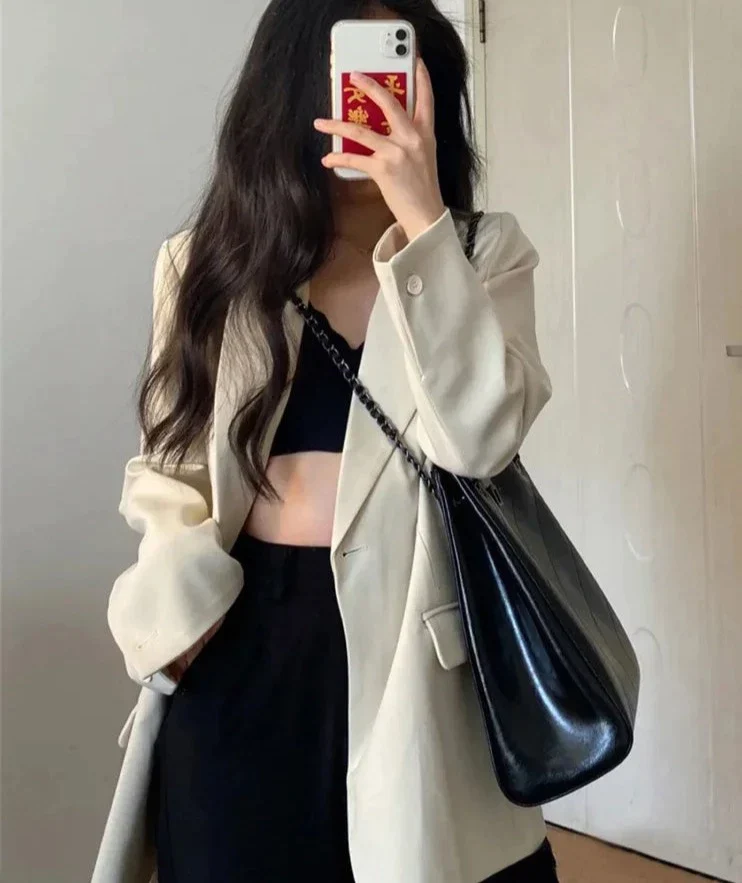 deanwangkt Women's Jacket New Blazer Single Button Turn Down Collar Casual Office Ladies Suit Oversized Loose Coats Formal Blazers - Deanwangkt