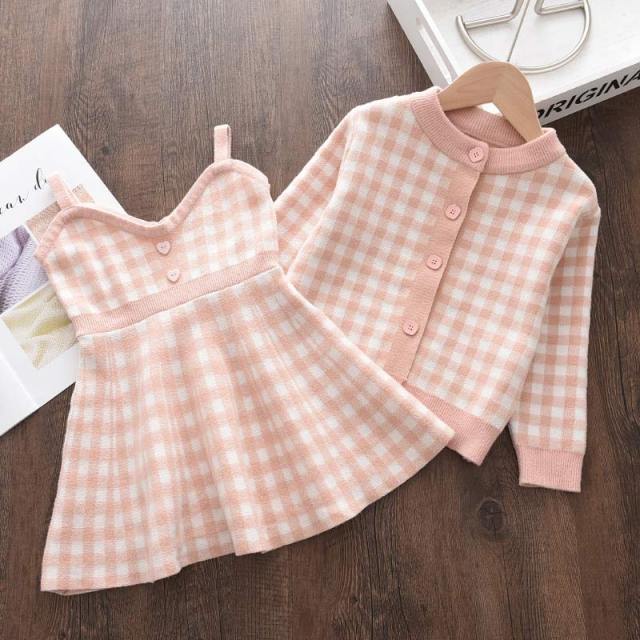 deanwangkt Bear Leader Kids Christmas Sweet Knitwear Suits Girls Baby Plaid Sweaters Coats Suspender Dress Outfits Princess Clothes Sets - Deanwangkt