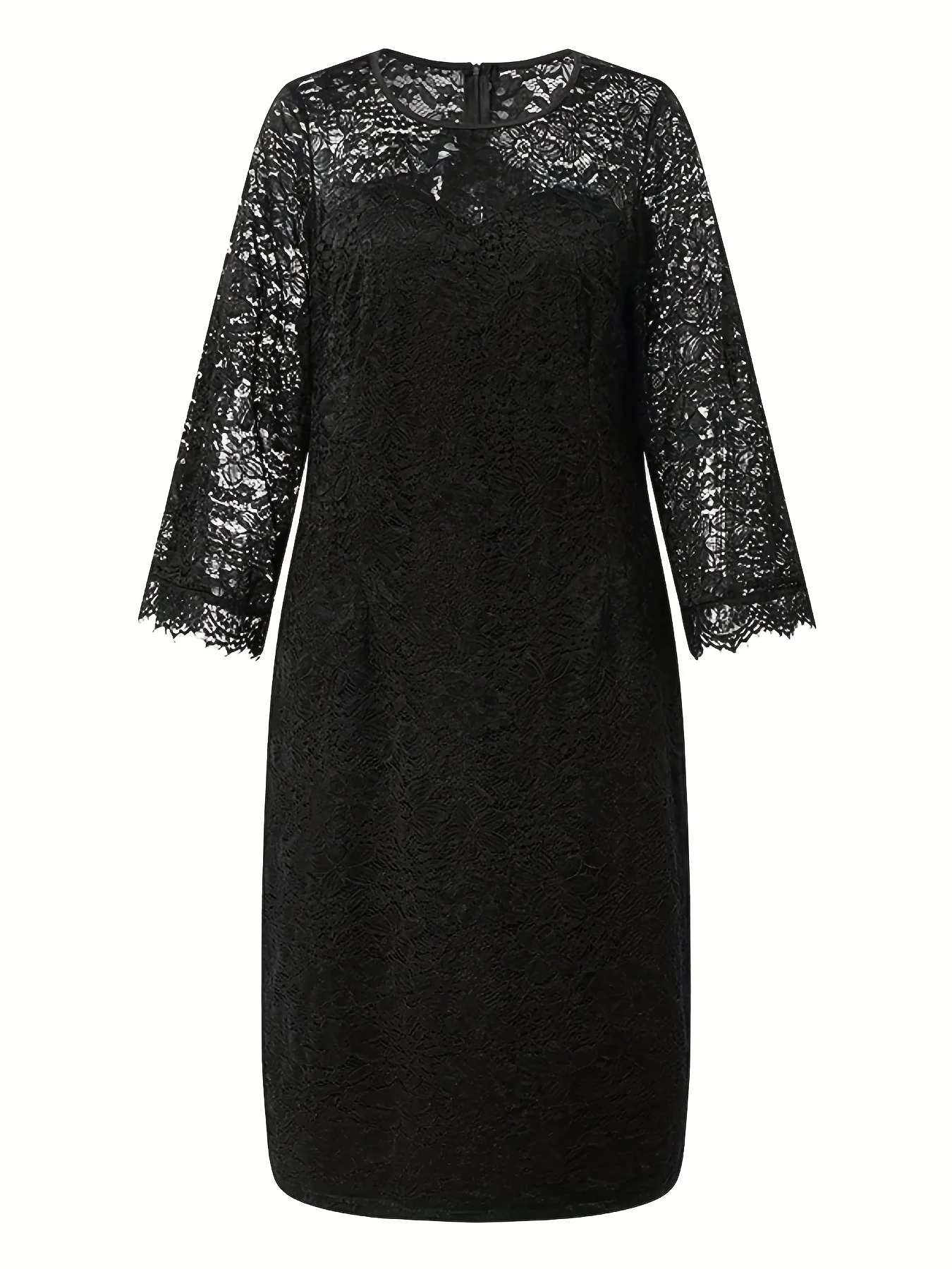 deanwangkt Plus Size Event Dress, Women's Plus Floral Jacquard Contrast Lace Cloak Design Layered Cocktail Dress - Deanwangkt