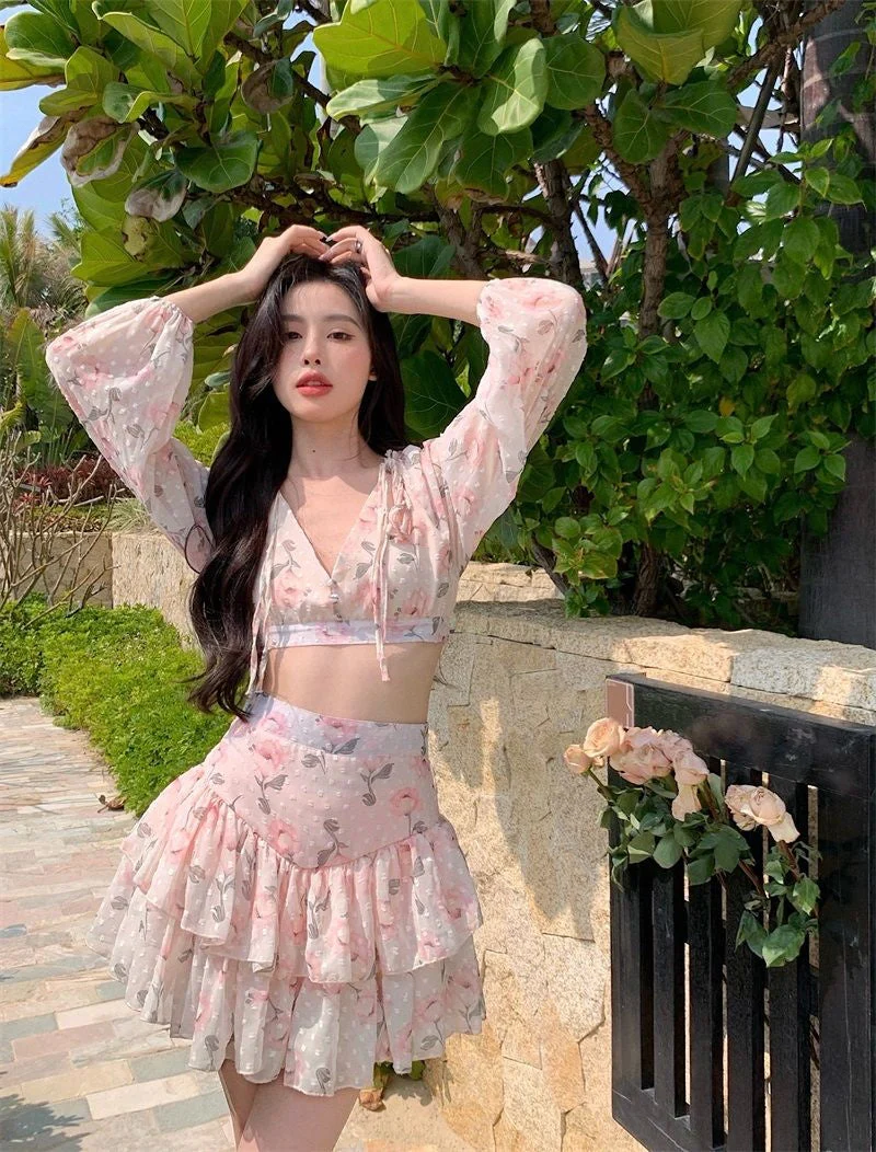 deanwangkt Spring Summer Sweet Two Piece Set Sexy Backless Shirt Crop Top + Cake Skirt Suits Floral Chiffon Boho Beach Outfits  Fairy Dress  For Women - Deanwangkt