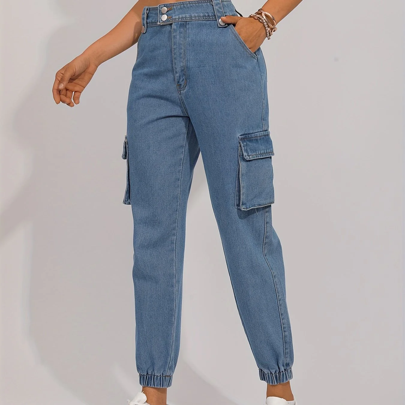 Flap Pocket Double Side Bottons Cargo Jeans, Wash Blue Street Jogger Jeans, Women's Denim Jeans & Clothing - Deanwangkt