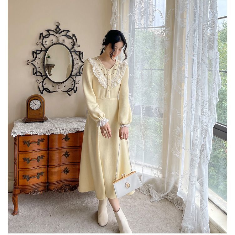 Joskka Sweet Vintage Knitting Dress Women Lace Design Elegant Midi Fairy Dress Lady Casual Korean Style Evening Party Dress Fall Outfits - Deanwangkt