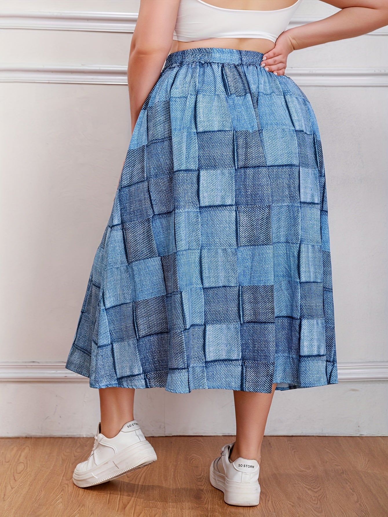 Plus Size Casual Skirt, Women's Plus Colorblock Denim Print Drawstring Elastic High Rise Slight Stretch Smock Maxi Skirt - Deanwangkt