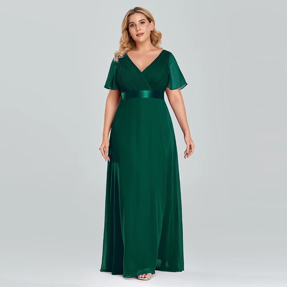 Plus Size Evening Dresses Long XUCTHHC Elegant A Line V Neck Ruffles Chiffon Formal Wedding Party Dress Robe De Soiree - Deanwangkt