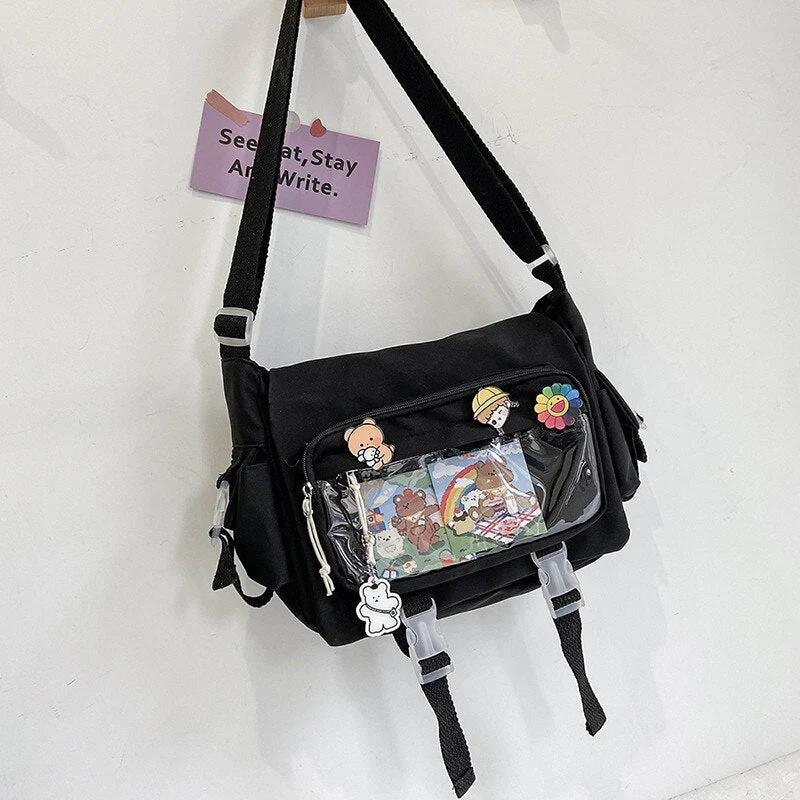 deanwangkt  Korean Student Preppy Style Messenger Bag Large-capacity Shoulder Bag Women Nylon Bag Transparent Pocket Crossbody Bag Satchels - Deanwangkt