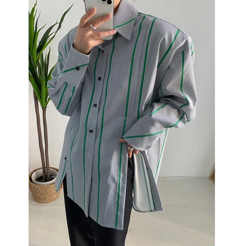 deanwangkt Women Green Striped Slit Big Size Blouse New Lapel Long Sleeve Loose Fit Shirt Fashion Tide Spring Autumn  1DF1473 - Deanwangkt