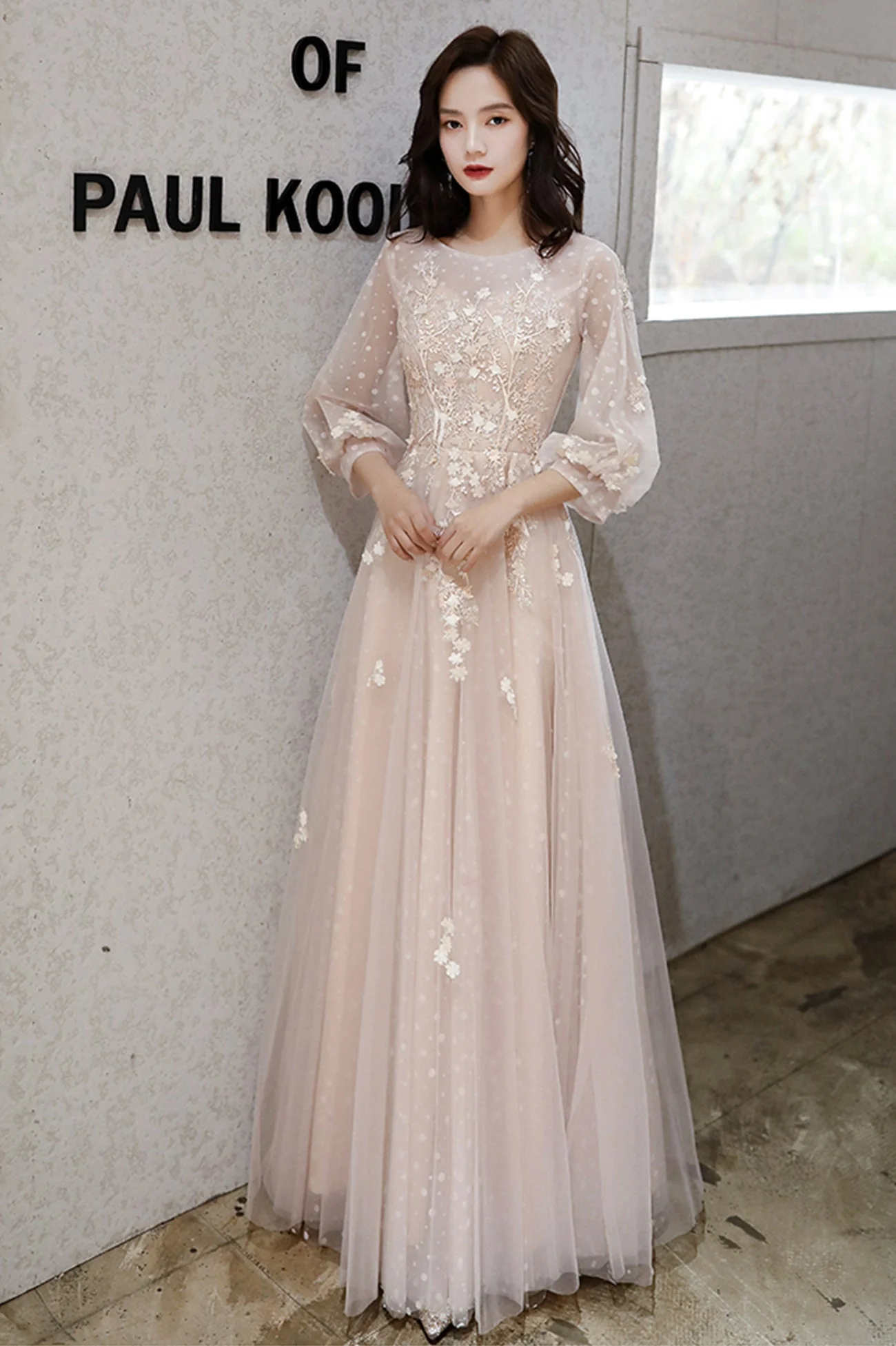 solvbao Pink Tulle Lace Long A-Line Prom Dresses, Long Sleeve Evening Dresses - Deanwangkt