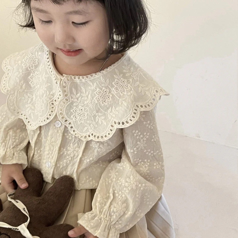 deanwangkt Spring Autumn baby girls lace Hollow out shirts 2-7 Years Girl cotton embroidery Lapel long sleeve blouses Tops - Deanwangkt