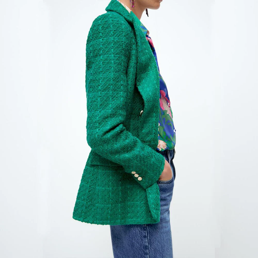 deanwangkt Women jacket Autumn  NEW Double Breasted Tweed Check Blazer Coat Vintage Long Sleeve Top Pockets Female Outerwear Chic hot - Deanwangkt