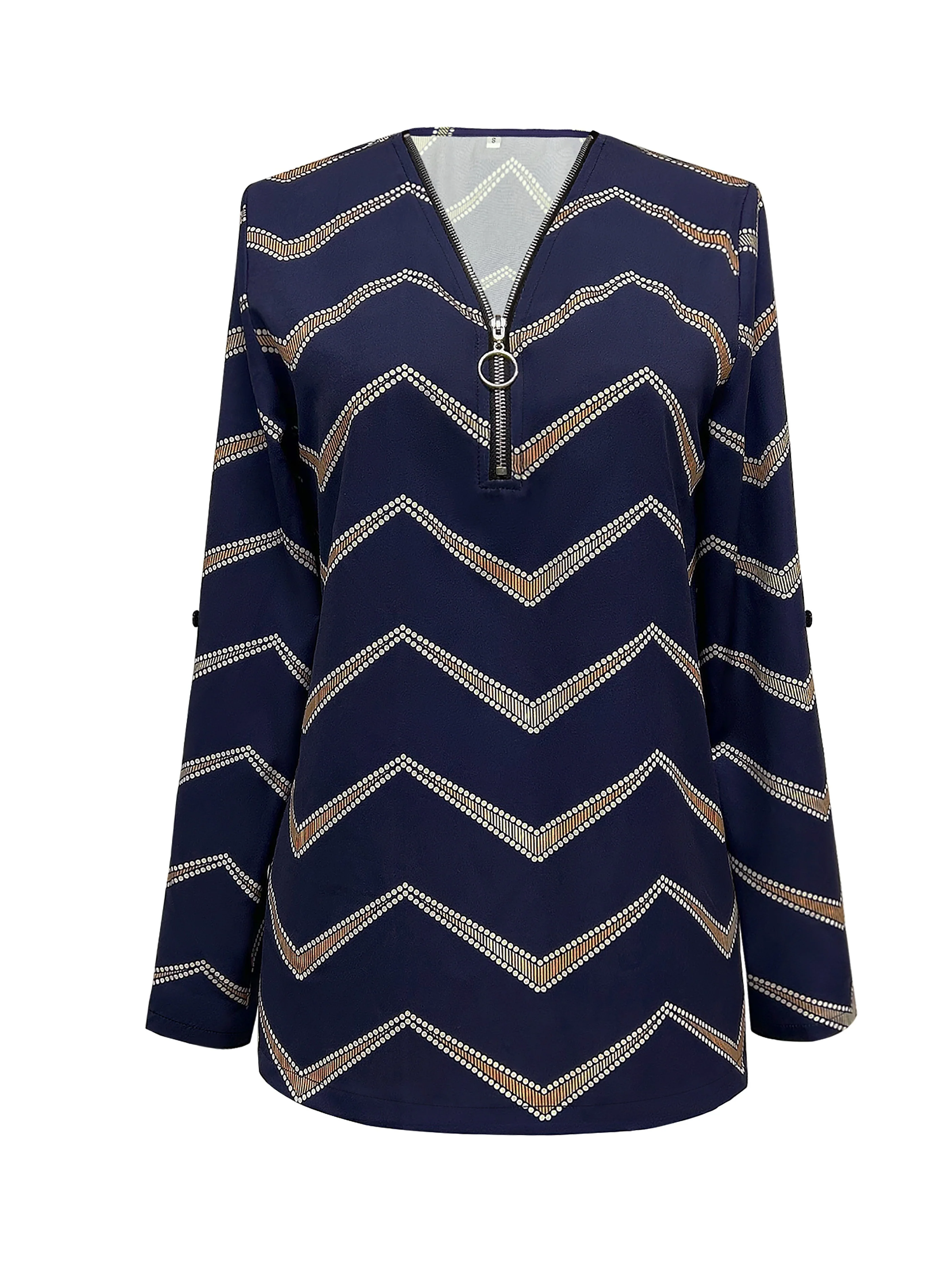 deanwangkt Graphic Print Zipper V-neck Blouse, Versatile Long Sleeve Blouse For Spring & Fall, Women's Clothing - Deanwangkt