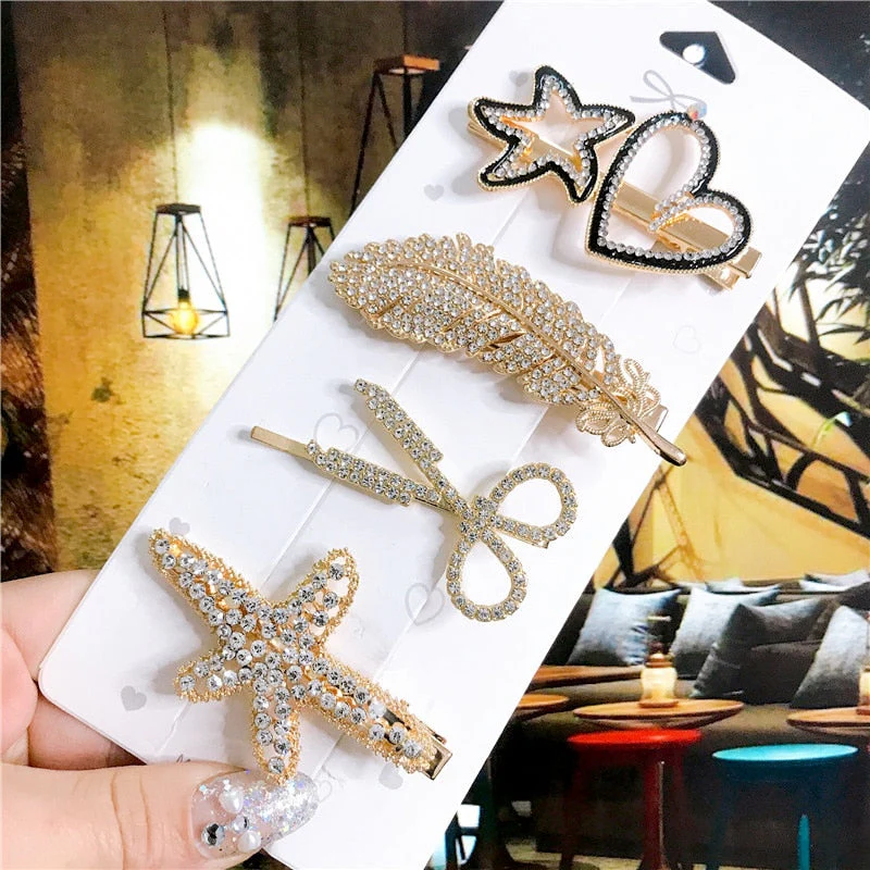 deanwangkt 4PCS Hair Accessories Gold Silver Hair Clips Set Vintage Feather Starfish Crystal Pearls Hairpin For Women Fashion Headwear - Deanwangkt