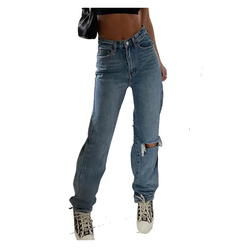 deanwangkt Denim Ripped Jeans For Women Cargo Pants Women Mom Jean High Waist Jeans Fashion Holes Thin Women's Baggy Jeans Long trousers - Deanwangkt