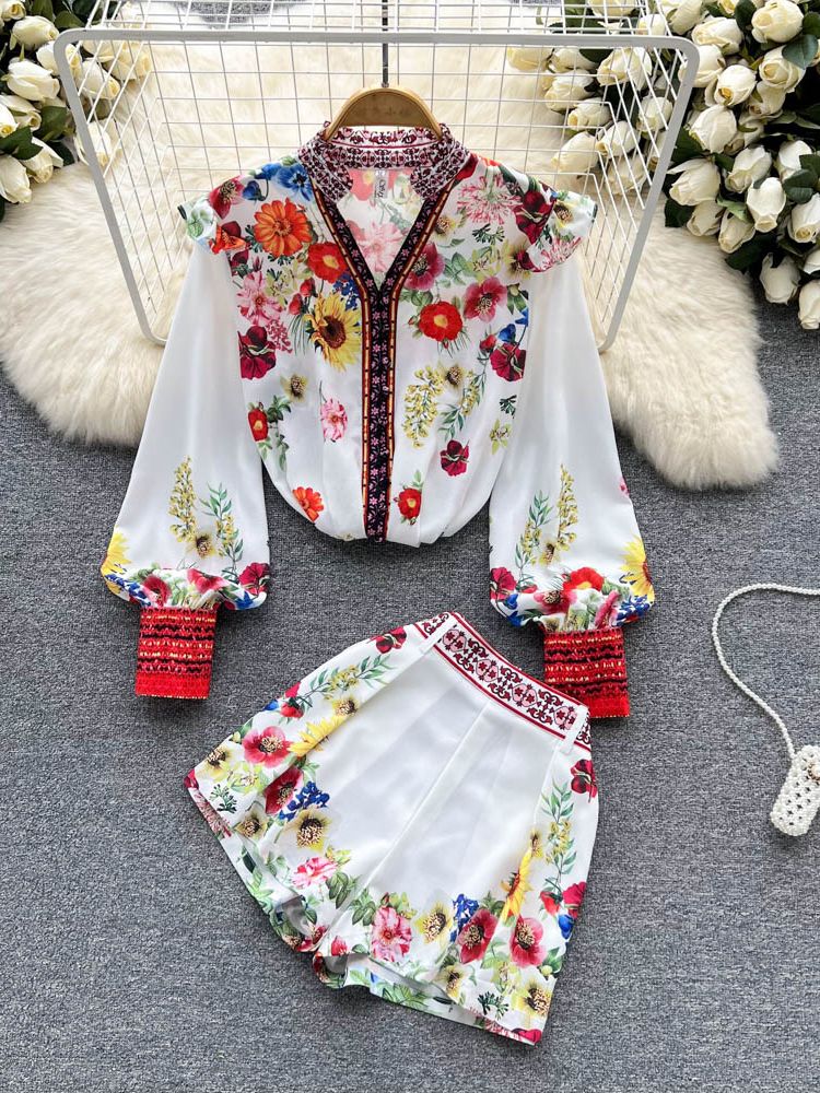 deanwangkt Women Shorts Sets Runway V-Neck Lantern Sleeve Floral Print Blouse Shirts and Belt Pockets Short Pants 2 Pieces Outfits S2169 - Deanwangkt
