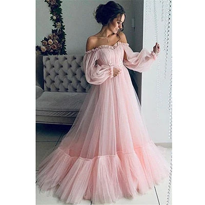 Tromlfz Pink Prom Dresses Long Sleeve Off The Shoulder Gauze Princess Vestido  Ball Gown Formal Evening Party Robe - Deanwangkt