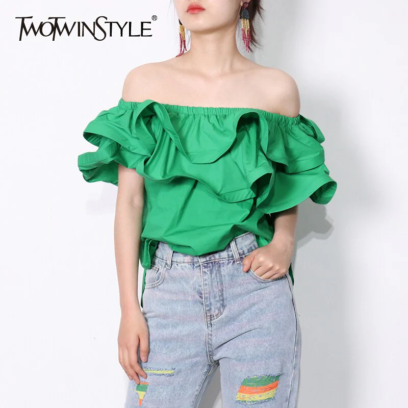 deanwangkt Ruffle Patchwork Short Blouse For Women Slash Neck Casual Solid Shirt Female Fashion New Clothing  Summer New - Deanwangkt