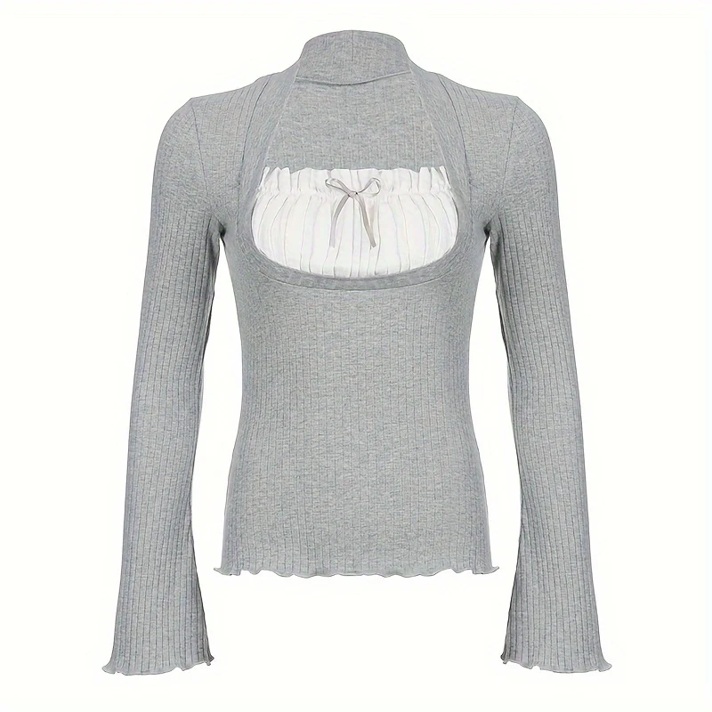 deanwangkt-1 Pleated Lace Stitching Ribbed T-Shirt, Casual Long Sleeve Top For Spring & Fall, Women's Clothing - Deanwangkt