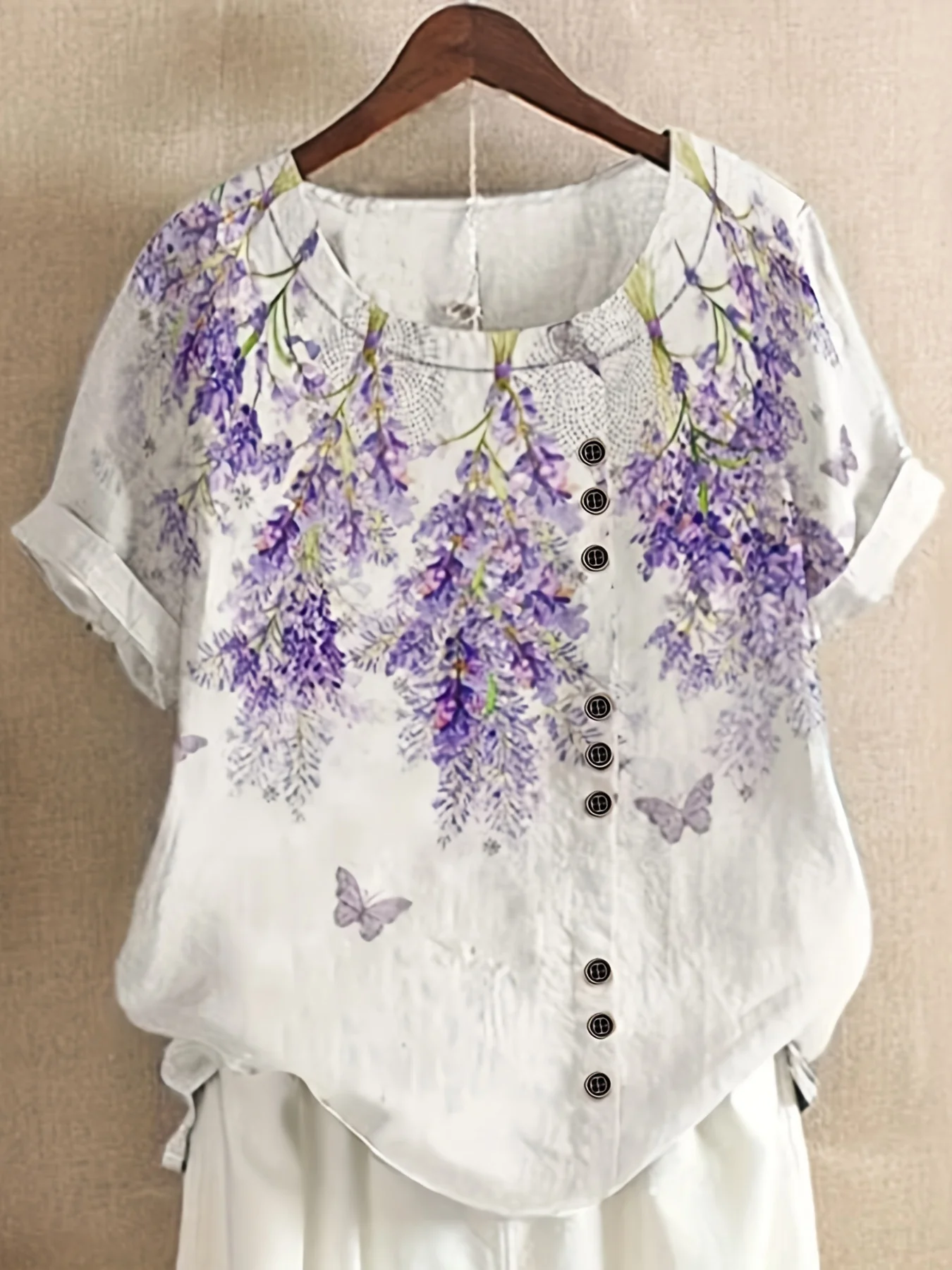 Dandelion Print Button Front Blouse, Casual Short Sleeve Blouse For Spring & Summer, Women's Clothing - Deanwangkt