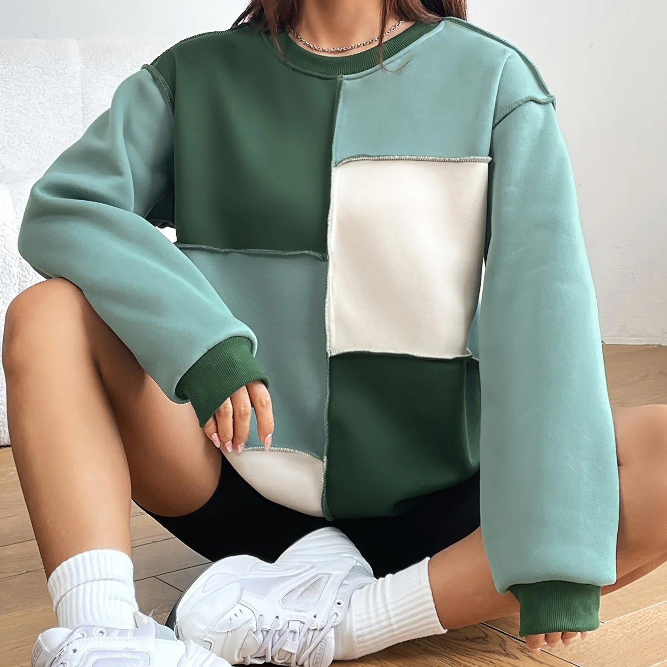 deanwangkt-1 Color Block Crew Neck Sweatshirt, Casual Long Sleeve Drop Shoulder Sweatshirt, Women's Clothing - Deanwangkt