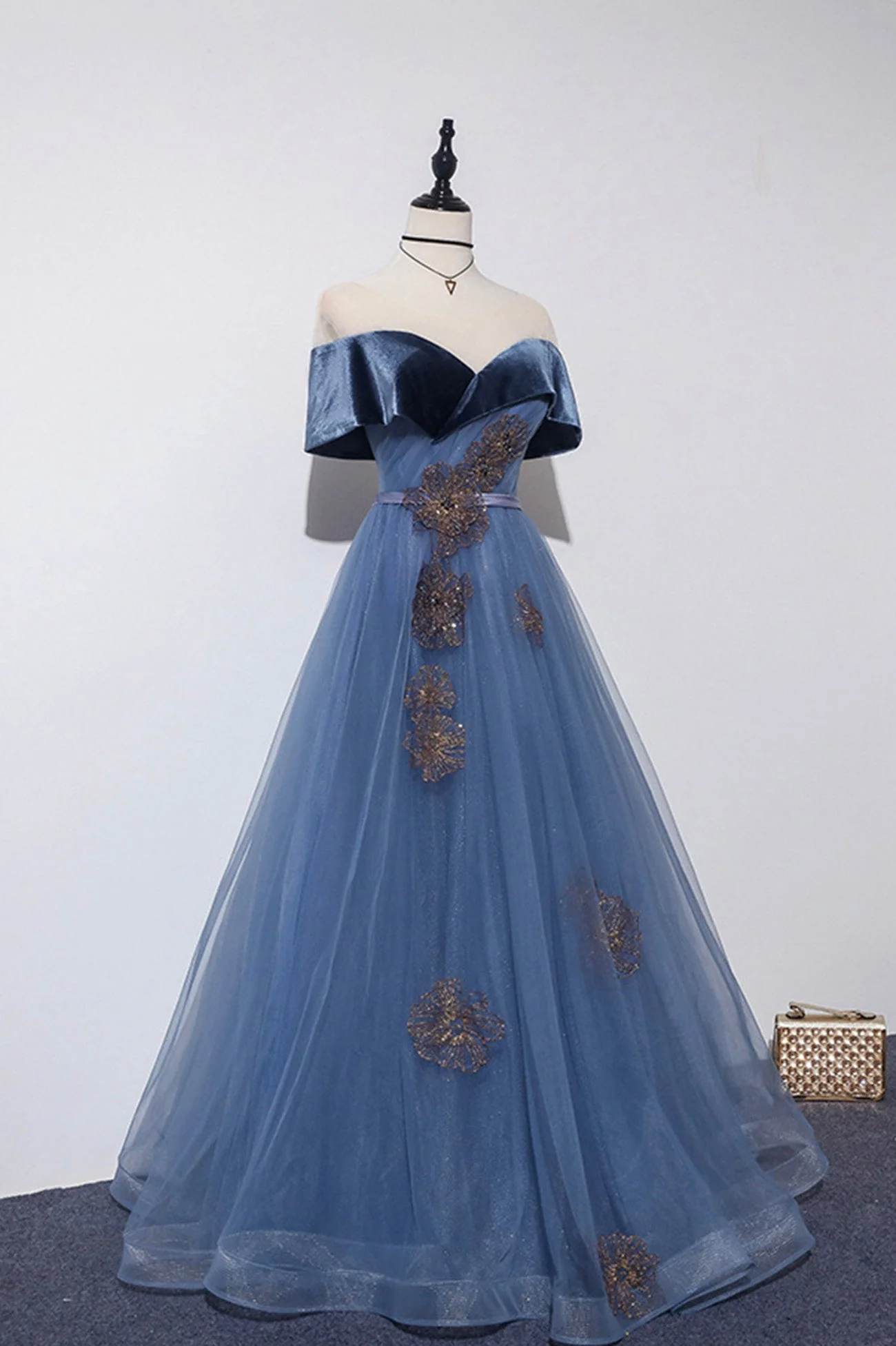solvbao Blue Velvet Tulle Long Prom Dresses, Off the Shoulder Evening Dresses - Deanwangkt