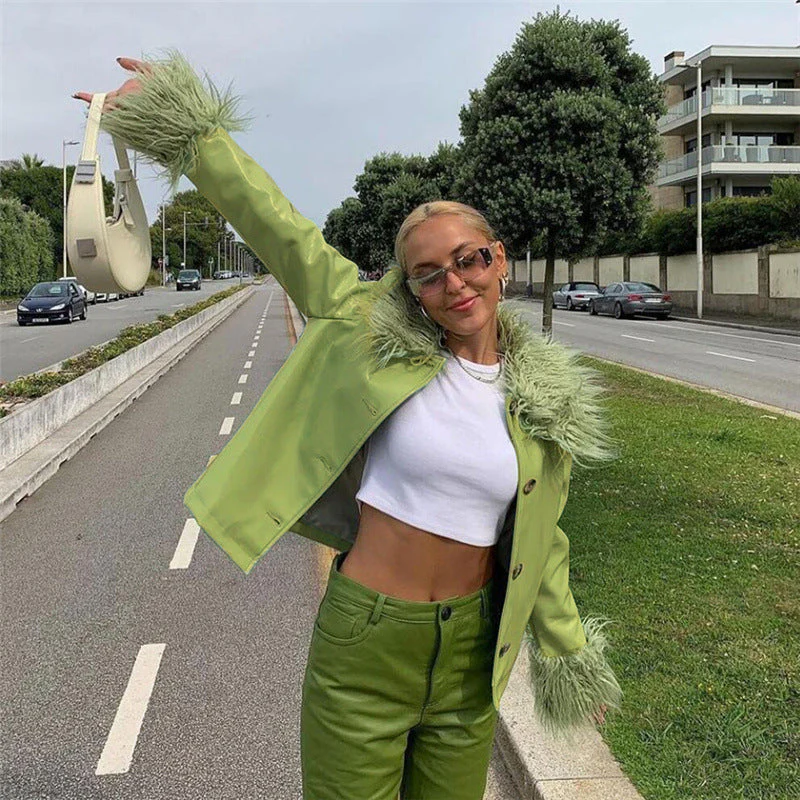 deanwangkt Y2K Faux Fur Collar Long Coat with Belt Leather Jackets Women Autumn Winter Warm Single Breasted Outerwear Green Elegant - Deanwangkt