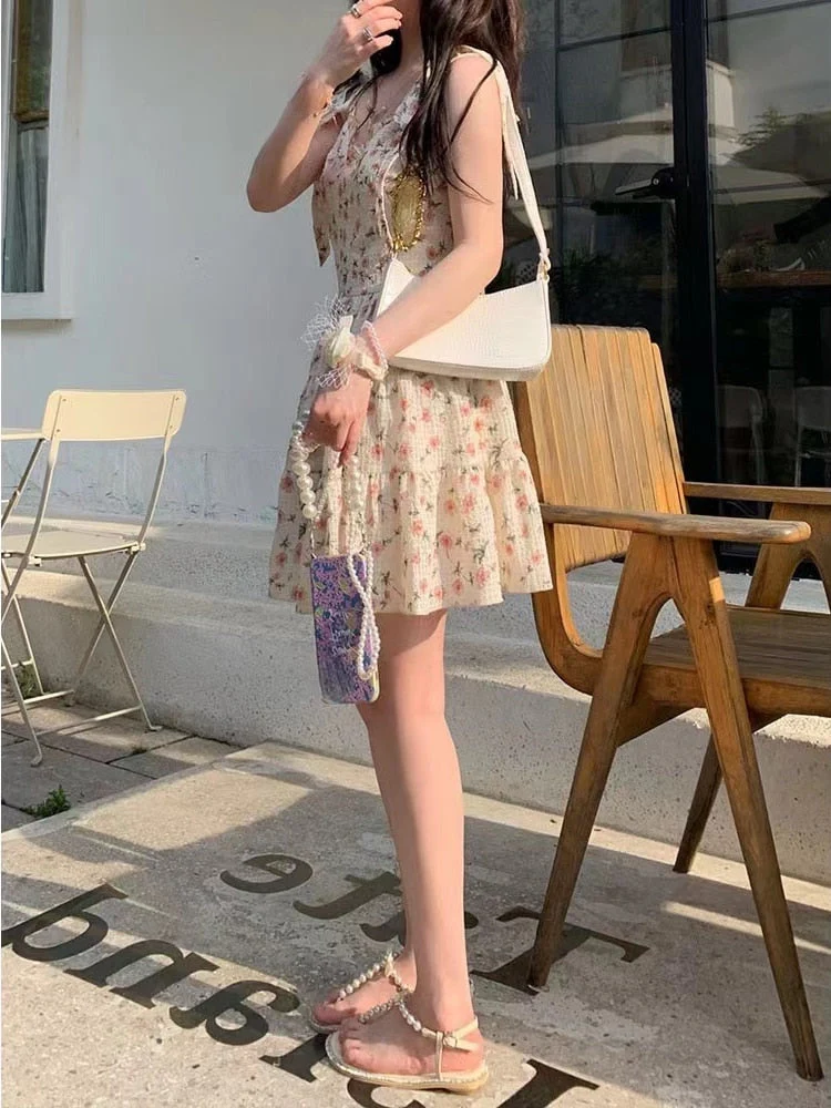 Casual Beach Straps Dress Women Slim  Summer Sweet Elegant Y2k Mini Dress Fairy Sleeveless Floral One Piece Dress Korean - Deanwangkt