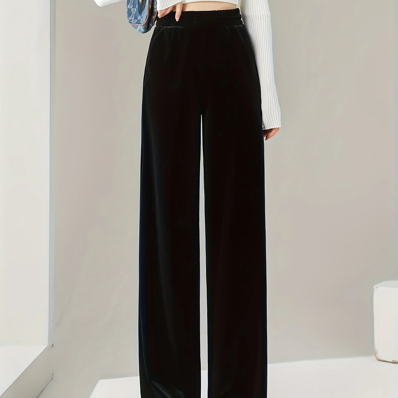 Solid Velvet Straight Leg Pants, Casual Elastic Waist Loose Pants, Women's Clothing - Deanwangkt