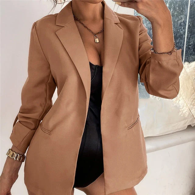 deanwangkt New Women Autumn Blazer Jacket Fashion Basic Blazer Casual Solid Button Long Sleeve Work Suit Coat Office Lady Elegant Blazers - Deanwangkt