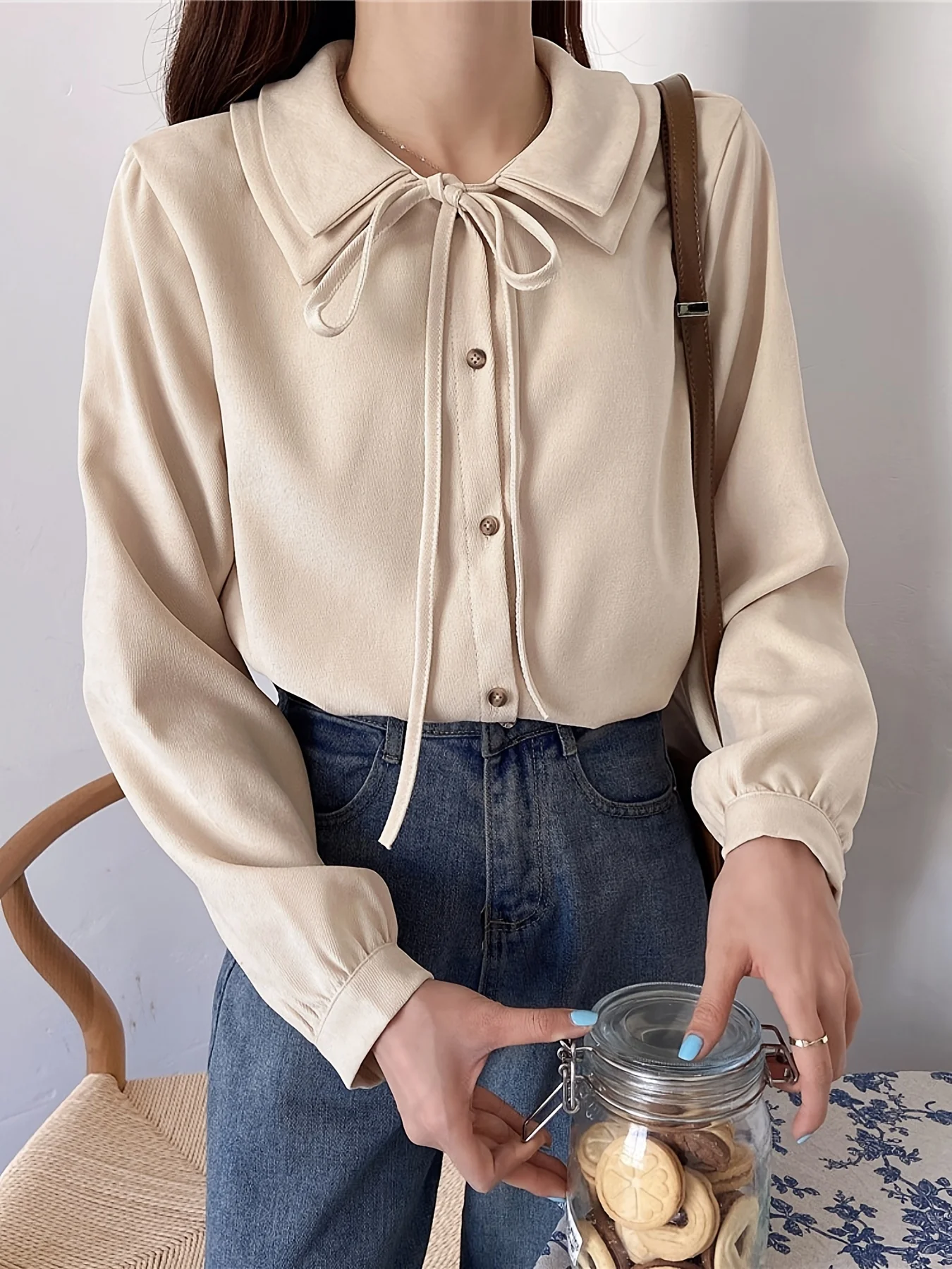 deanwangkt Solid Tie Front Button Blouse, Casual Long Sleeve Blouse For Spring & Fall, Women's Clothing - Deanwangkt