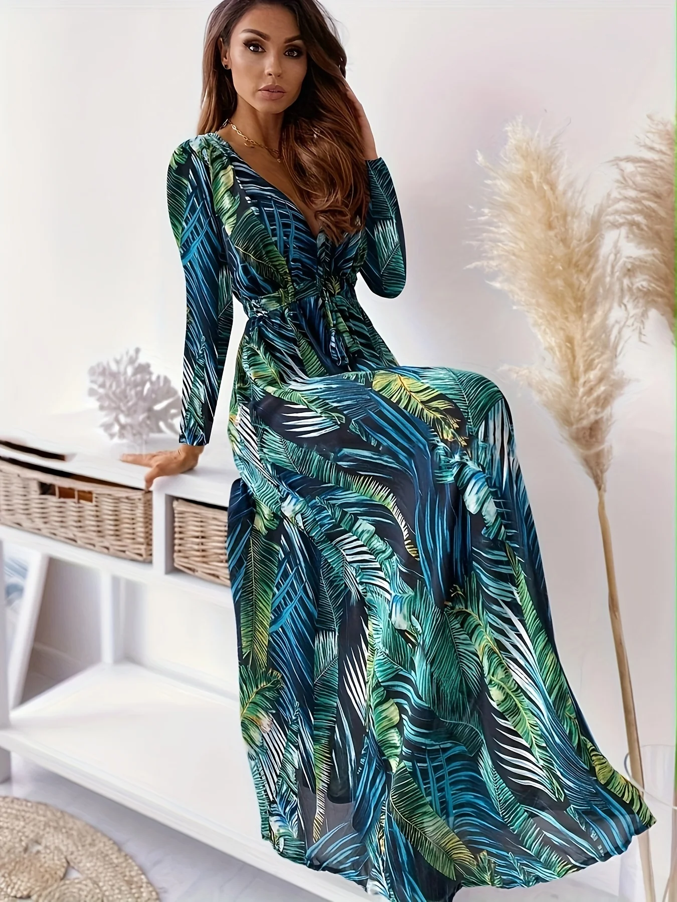 Leaf Print Long Sleeve Dress, Boho Plunge Neck Maxi Length Dress, Women's Clothing - Deanwangkt