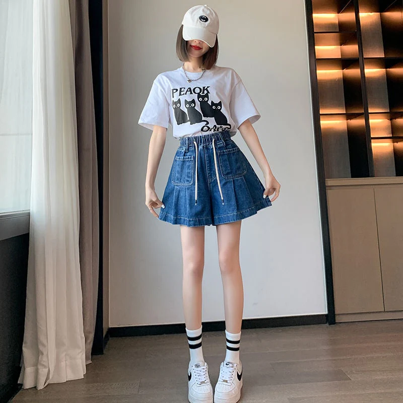 deanwangkt Y2K Summer Women Vintage Blue Korean Denim Shorts High Waist Knee Length Wide Leg Baggy Pockets Short Pants Harajuku Clothes - Deanwangkt