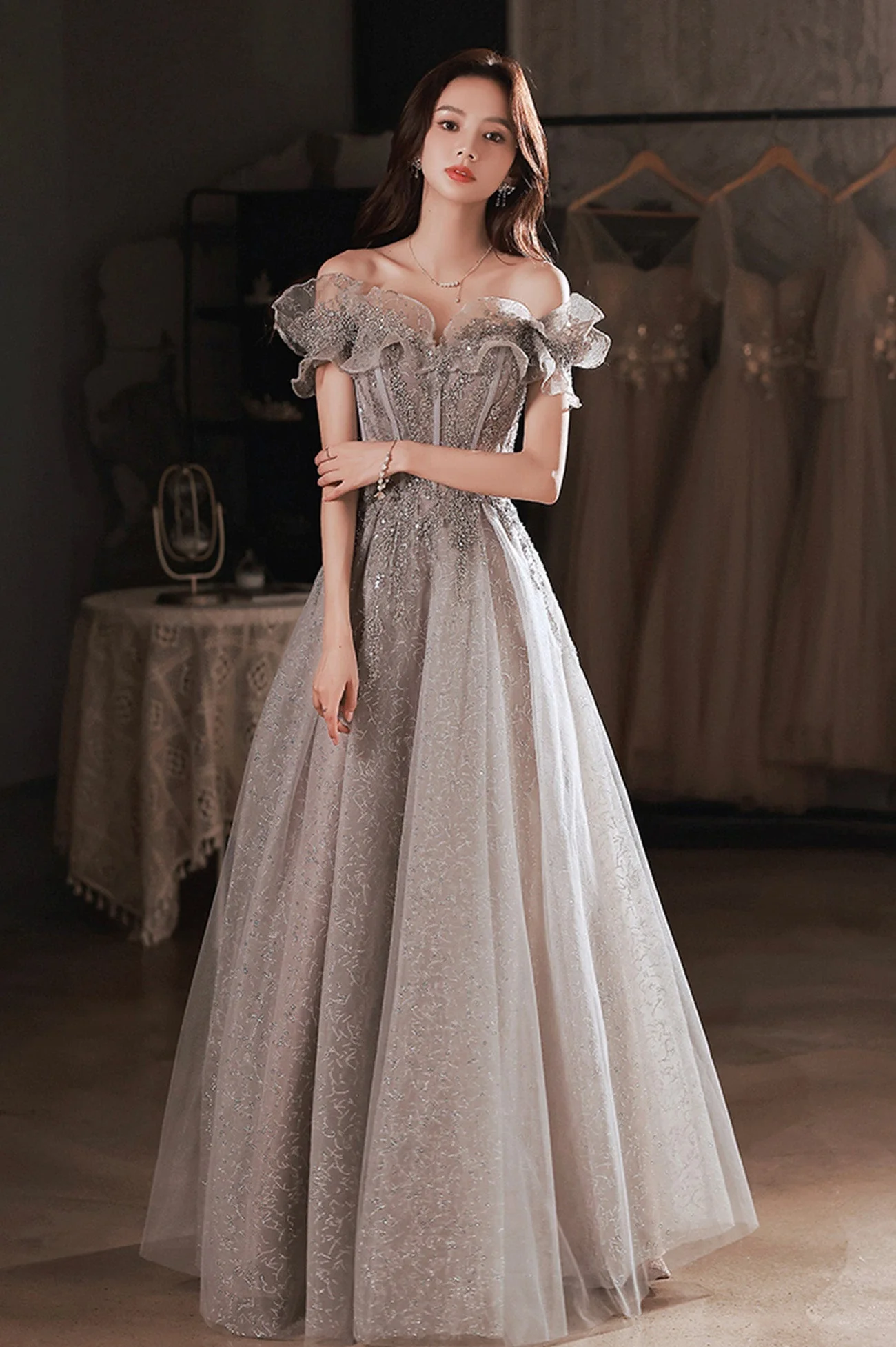 solvbao Gray Tulle Sequins Long Prom Dresses, A-Line Off the Shoulder Evening Dresses - Deanwangkt
