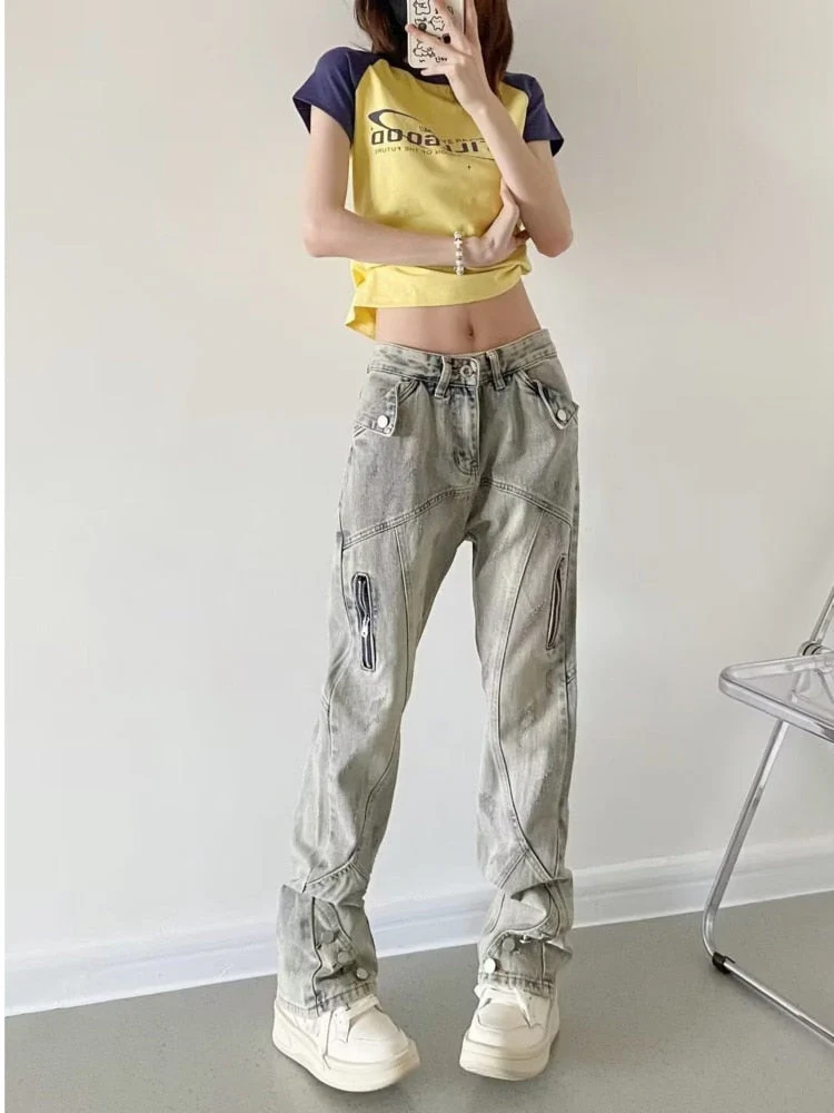 deanwangkt Yellow Mud Color Street Zippered Jeans  Women's High Street Trendy Straight Leg Pants  Slimming Micro Flared Pants - Deanwangkt