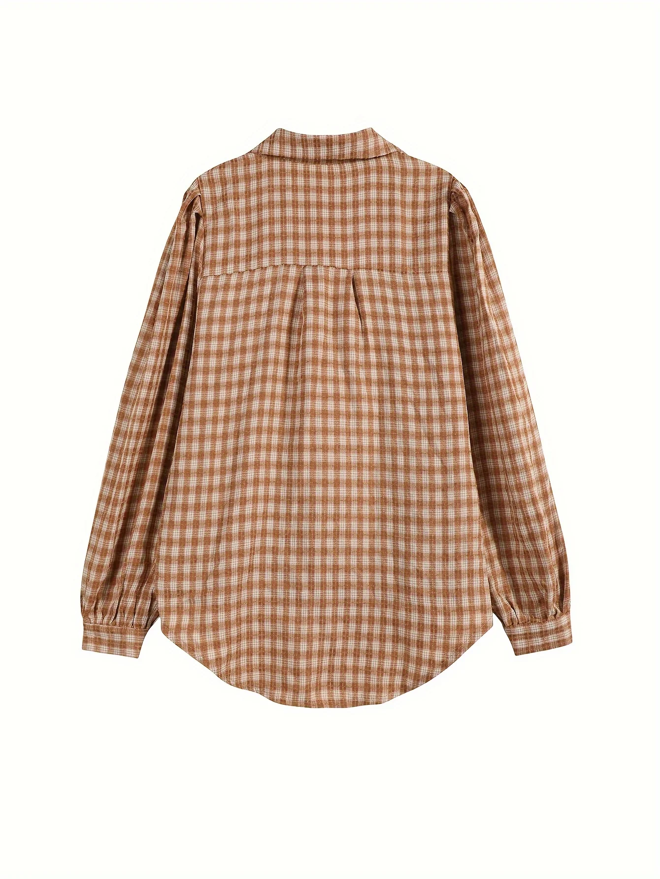 deanwangkt Plaid Print Double-breasted Blouse, Elegant Puff Sleeve Notch Collar Blouse, Women's Clothing - Deanwangkt